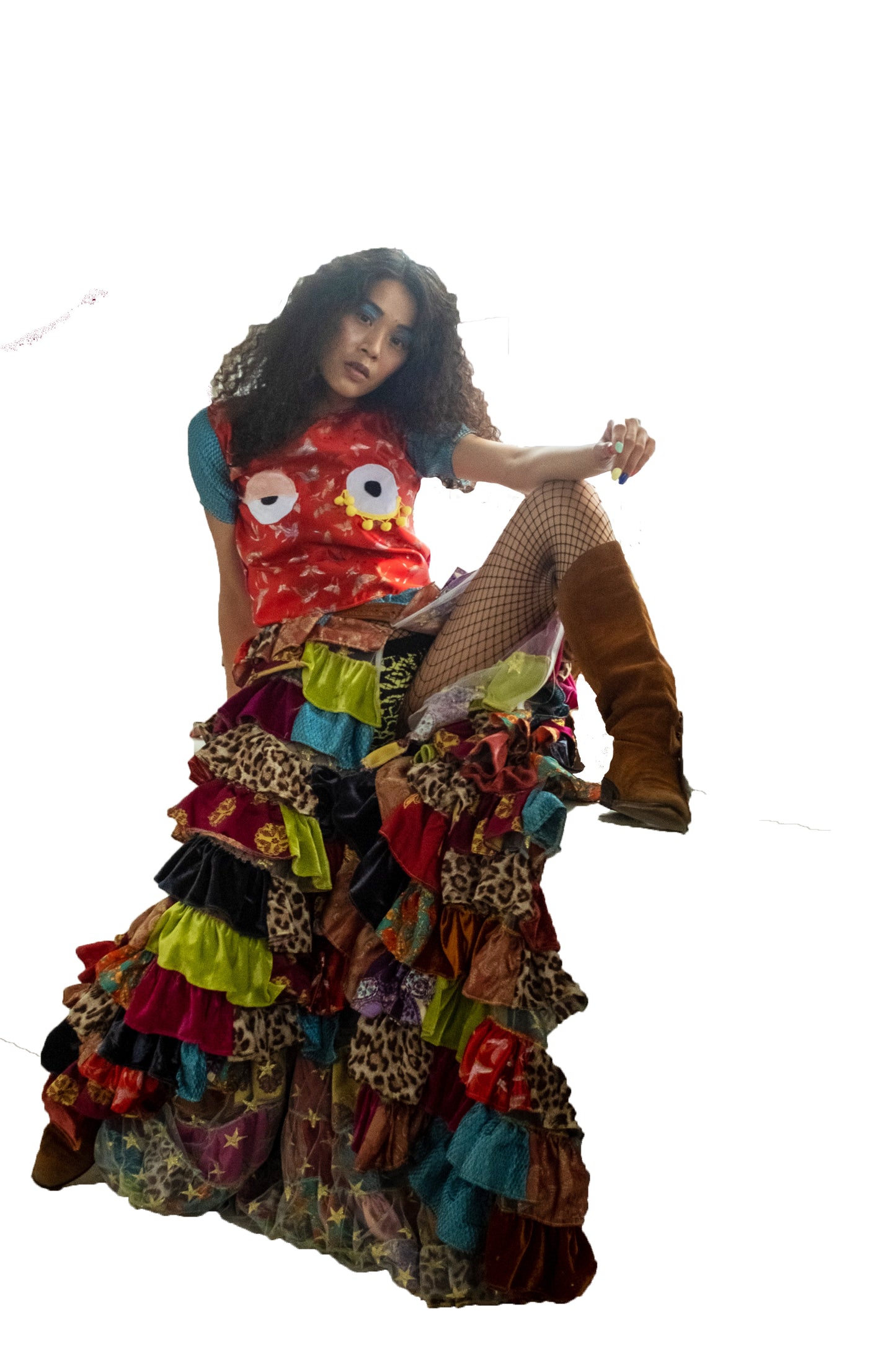 Patchwork Ruffle Skirt on model photoshoot sitting