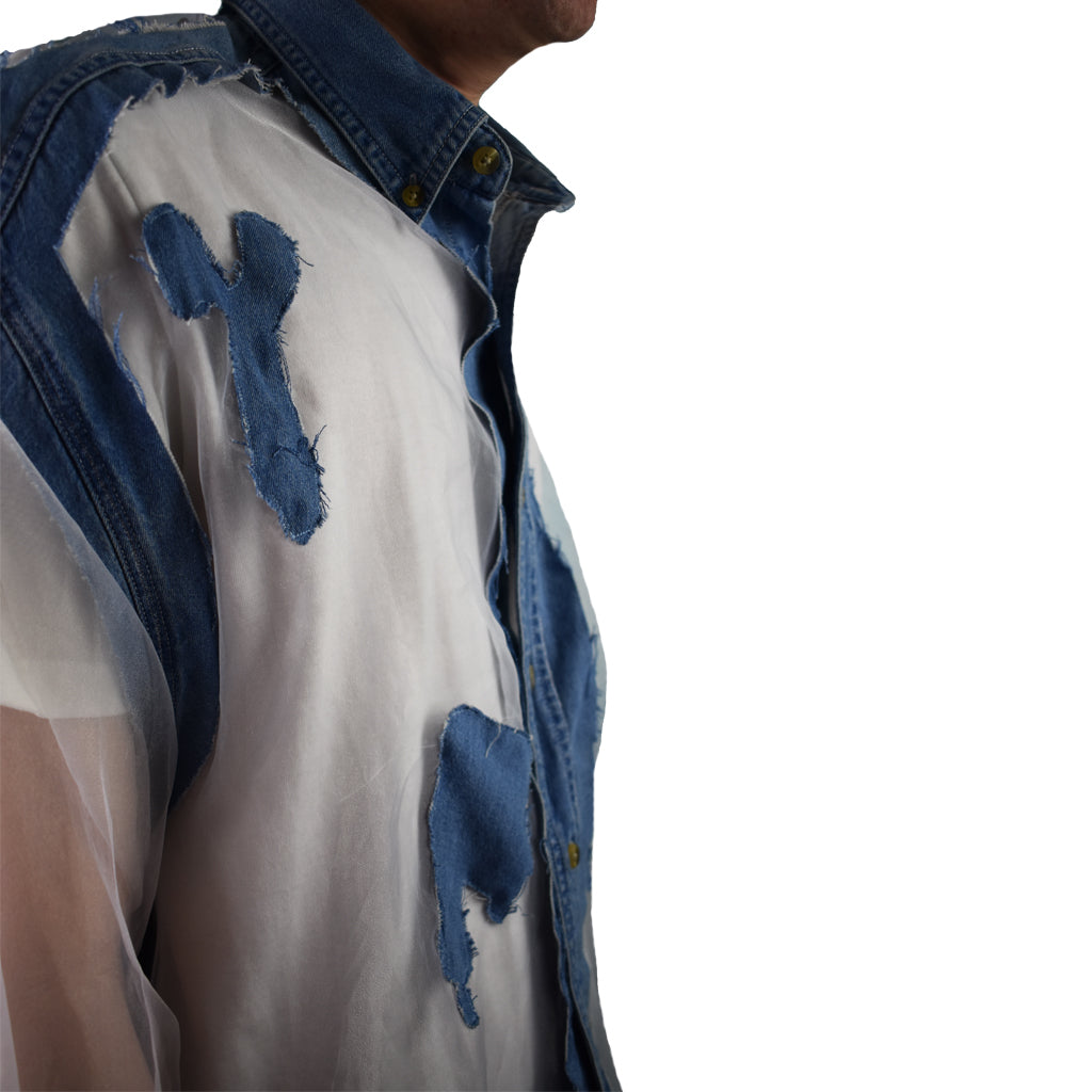 Trippy Scattered Transparent Denim Long Sleeve close up view front