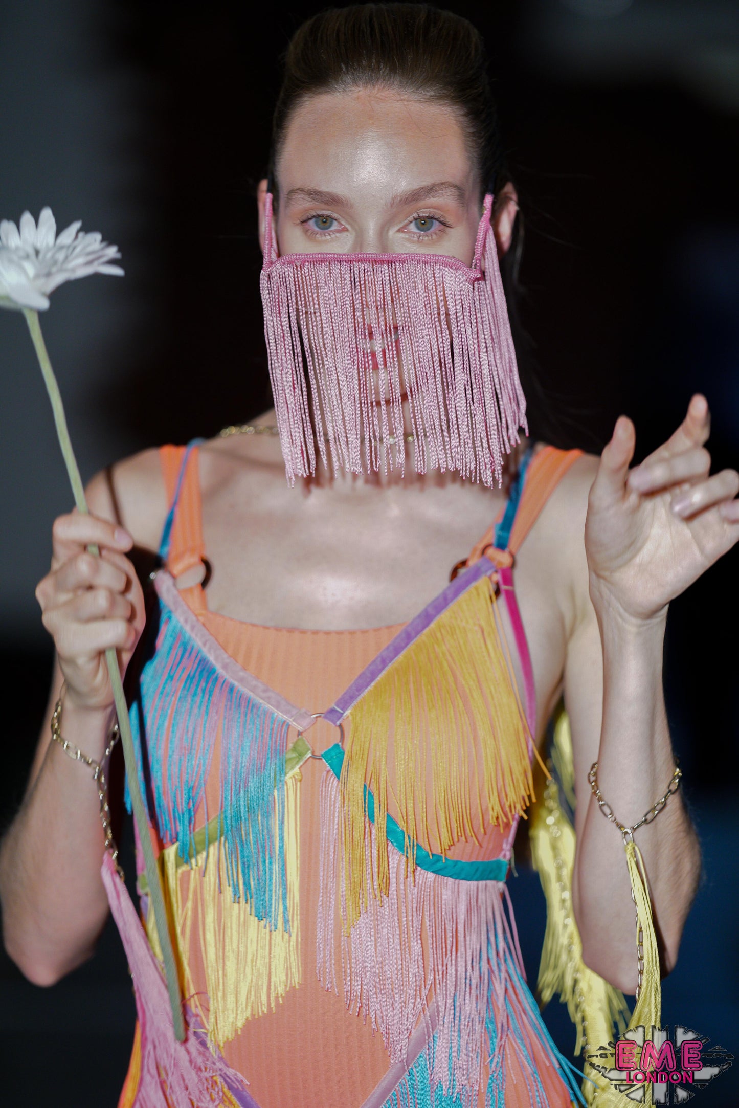 Rainbow Dreams Fringe Bodysuit close up trippy hippy runway show