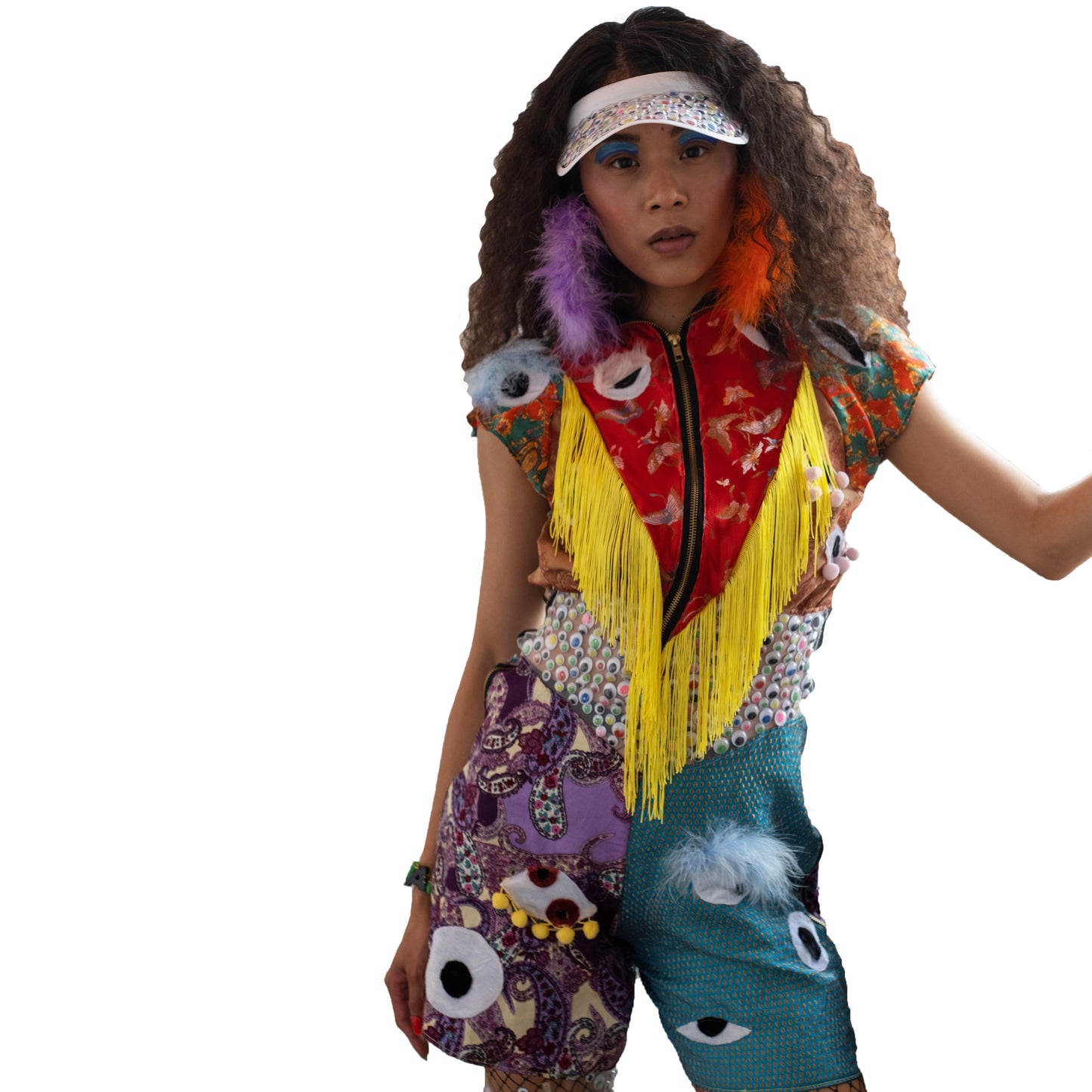 trippy hippy Patchwork Western Eye Bodysuit front view on model
