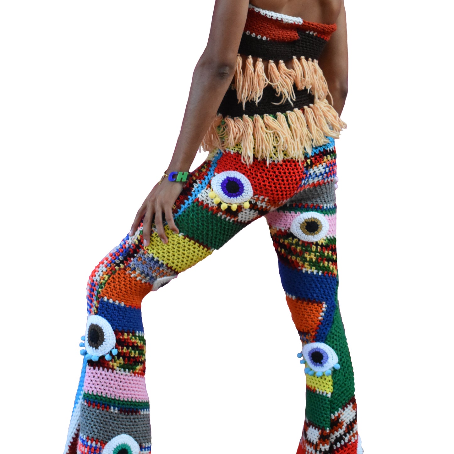 Trippy Crochet Eye Bell Bottoms on male model back view