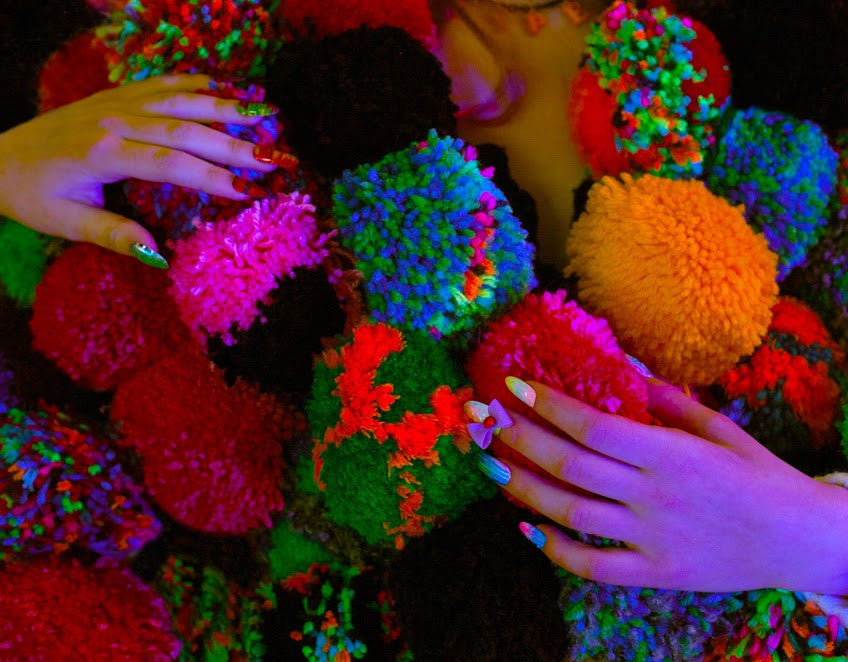 Pom Pom Jacket trippy hippy rainbow close up