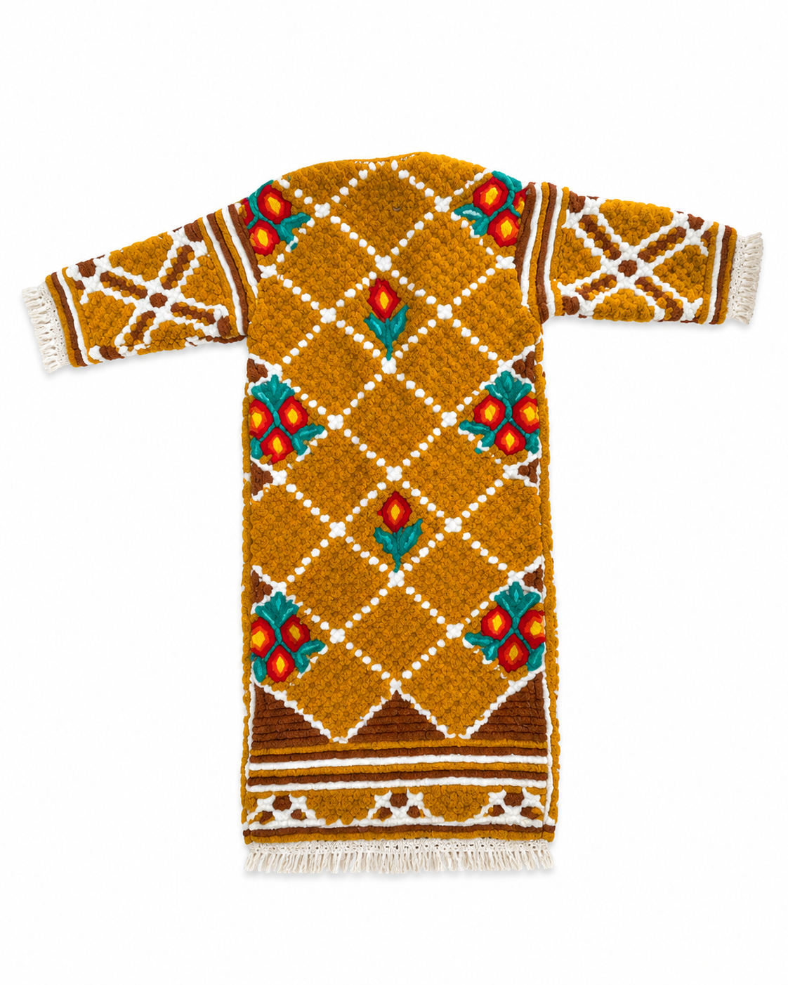 A long-sleeved knit cardigan with a mustard yellow base, featuring a white geometric diamond pattern, brown accents, and colorful floral motifs in red, orange, and teal.