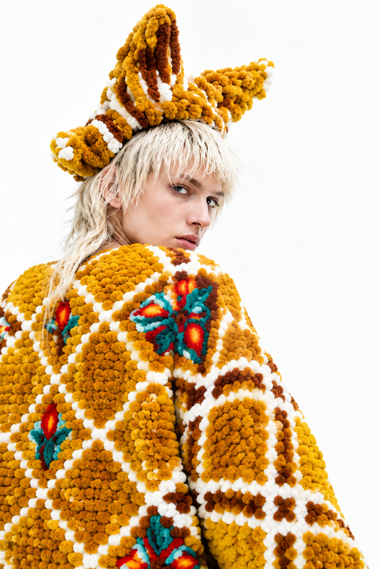 A model wearing a chunky, textured yellow and white knit hat with brown stripes and a matching oversized yellow knit sweater featuring a white diamond lattice pattern and colorful floral accents.