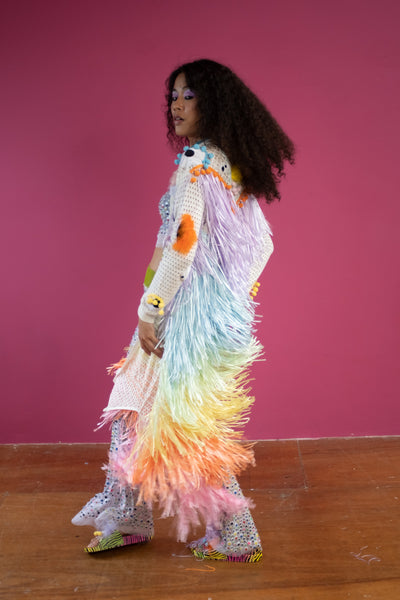 Who Killed Rainbow Bright Fringe Jacket on female model full length