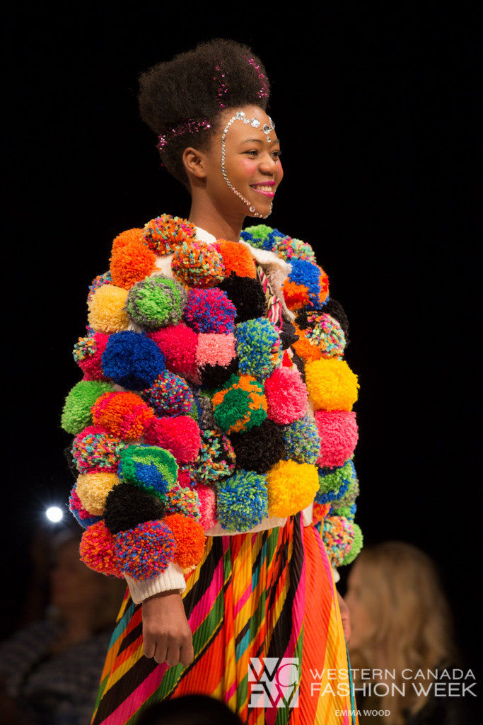 Pom Pom Jacket rainbow trippy hippy upcycle fashion show 