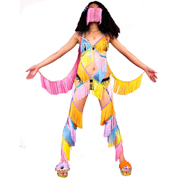 Rainbow Dreams Fringe Bodysuit on model with fringe wings