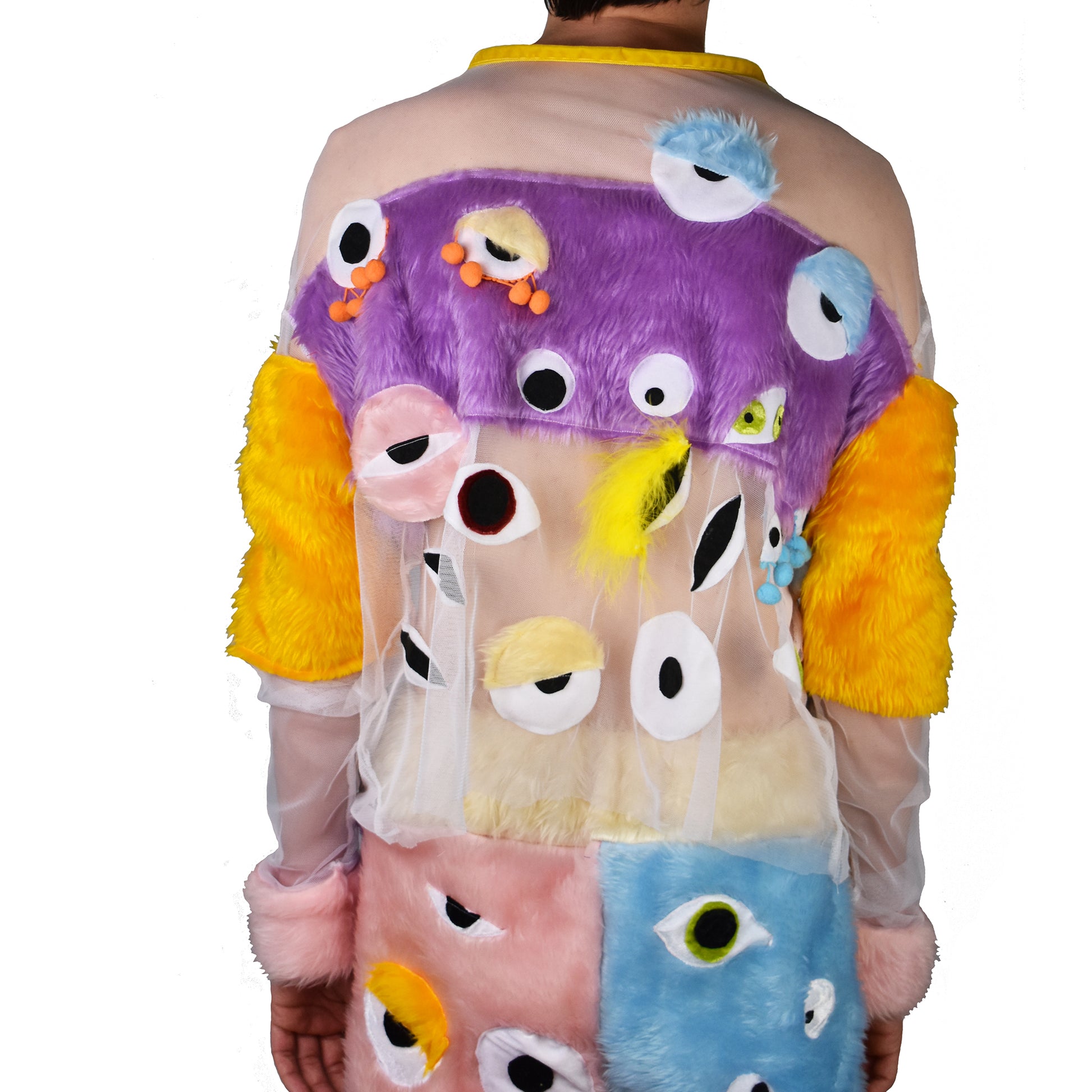 Trippy Fuzzy Eye Sweater back view on male model