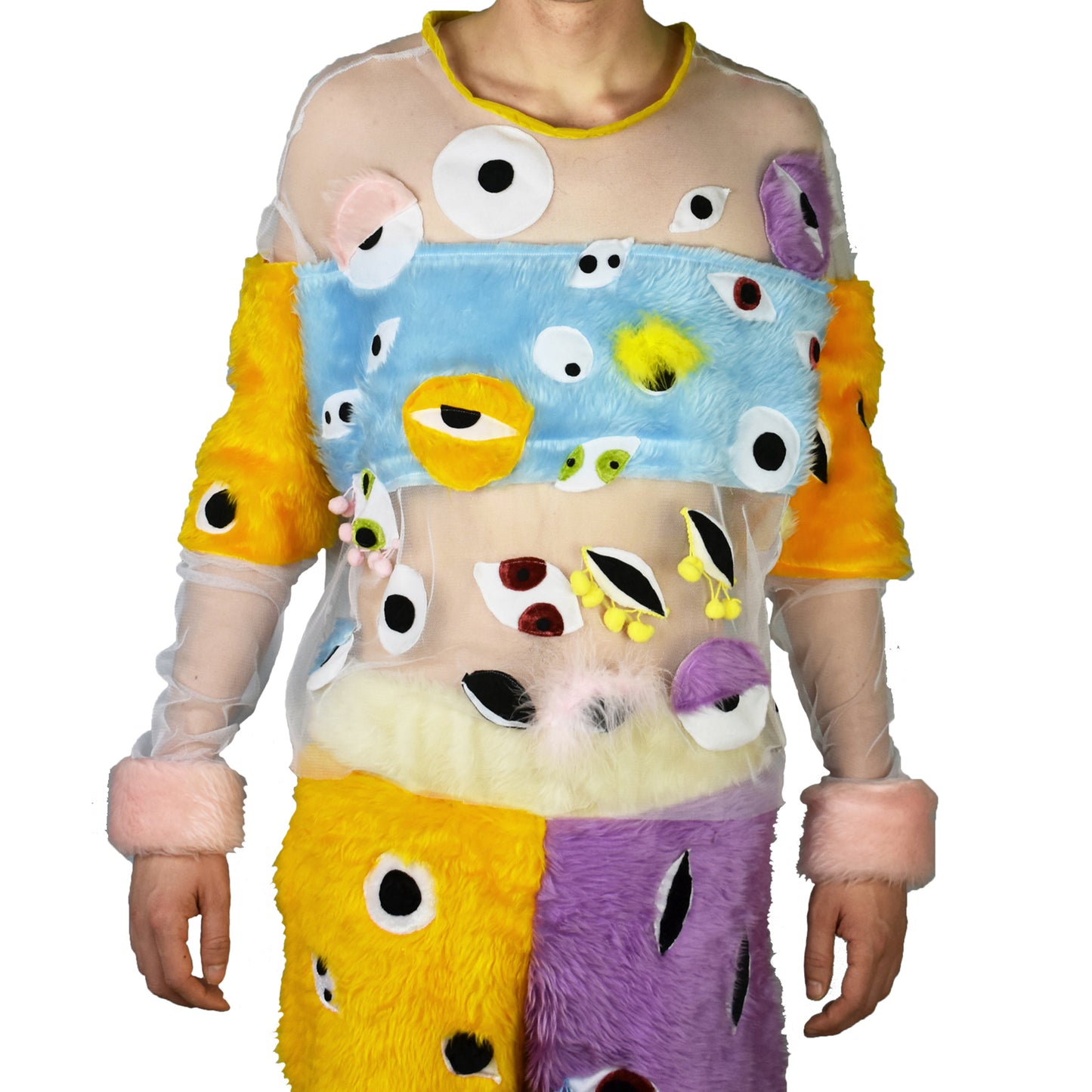 Trippy Fuzzy Eye Sweater close up on male model
