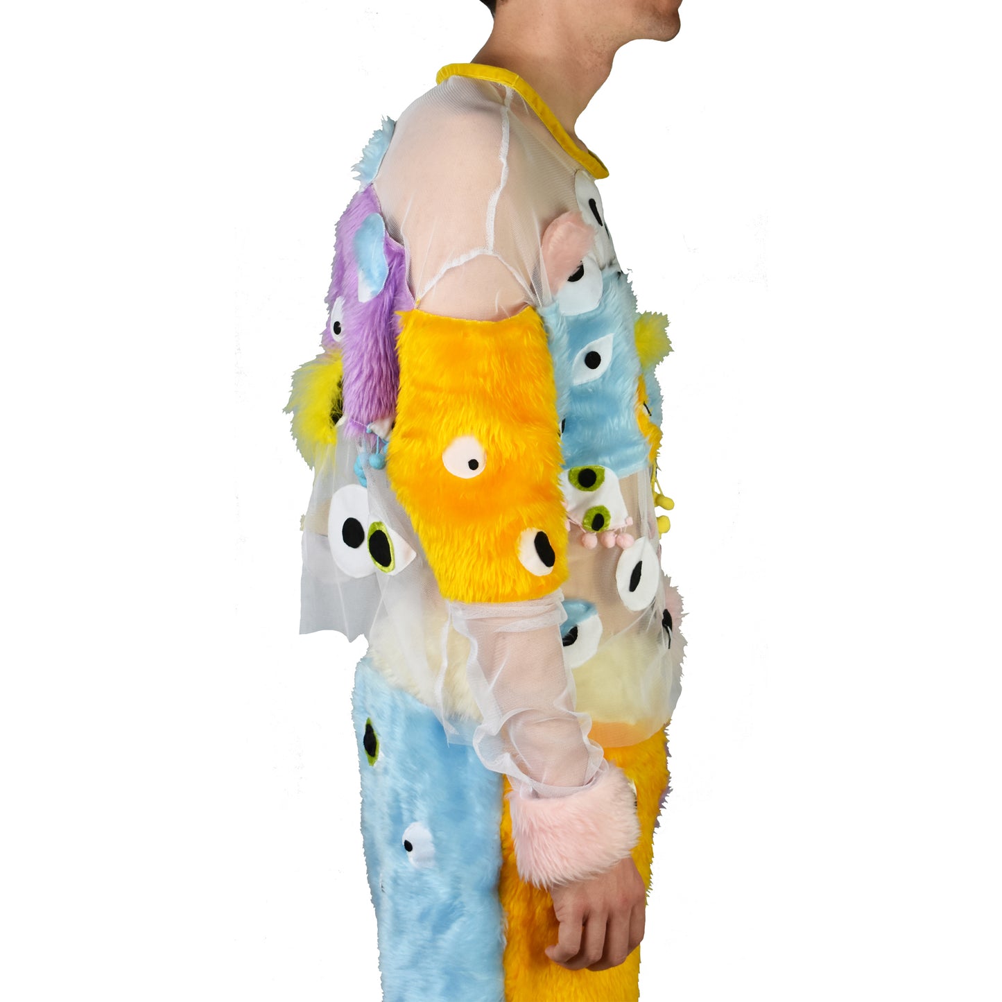 Trippy Fuzzy Eye Sweater side view on male model