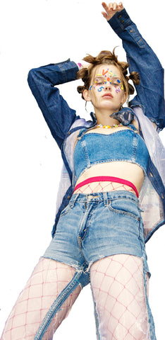 White Semi-Transparent Revamped Levi's Cropped Jeans on model close up