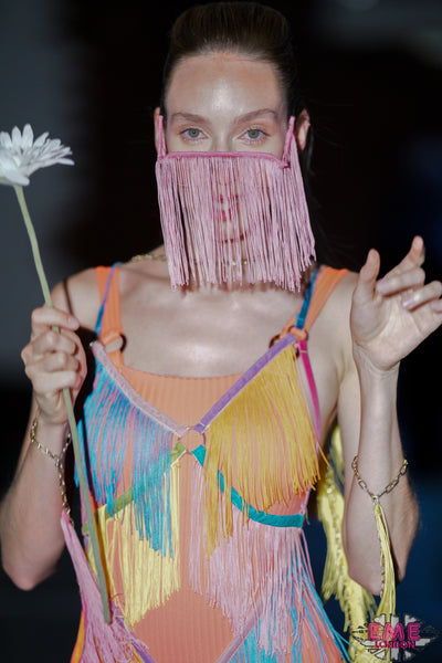 Rainbow Dreams Fringe Bodysuit close up trippy hippy runway show 