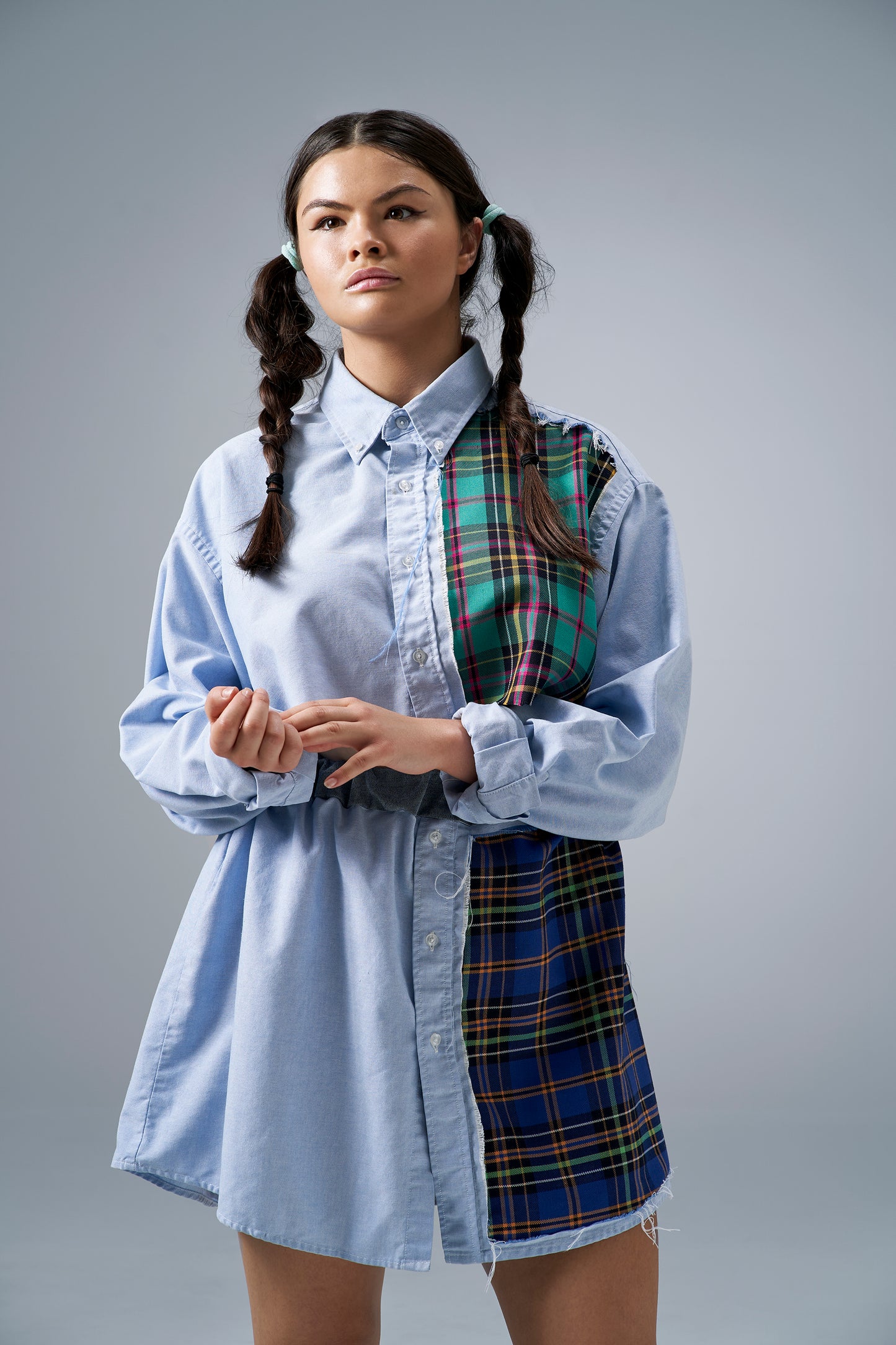 Oversized Plaid x Denim Reworked Button Down