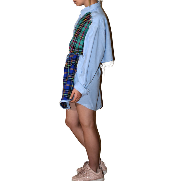 Oversized Plaid x Denim Reworked Button Down