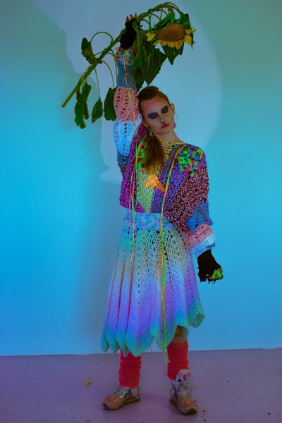Dinosaur Sweater Dress Trippy Hippy Couture Crochet Full Length on Model