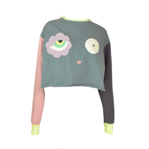 Envious Eyes "GROW" Cropped Mixed Colour Fuzzy Lined Sweatshirt
