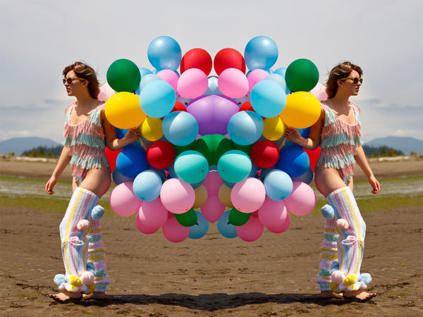 Pastel Fringe Bodysuit Trippy Hippy Image with Model and Balloons