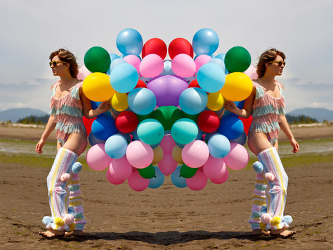 Pastel Fringe Bodysuit Trippy Hippy Image with Model and Balloons