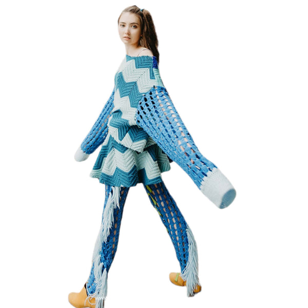 Blue For You Crochet Oversized Sweater With Skirt and Tie Up Tights
