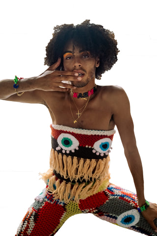 Trippy Crochet Boobie Eye Tube Top on male model