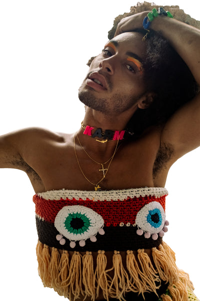 Trippy Crochet Boobie Eye Tube Top on male model close up