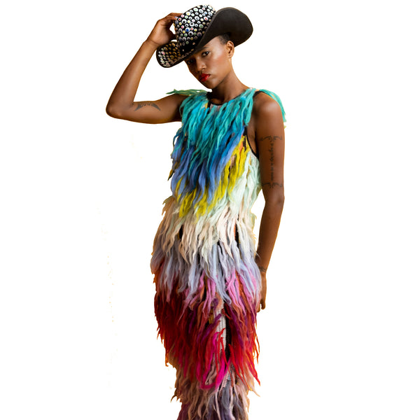 Shag-adelic Rainbow Dress On Model Standing Side View
