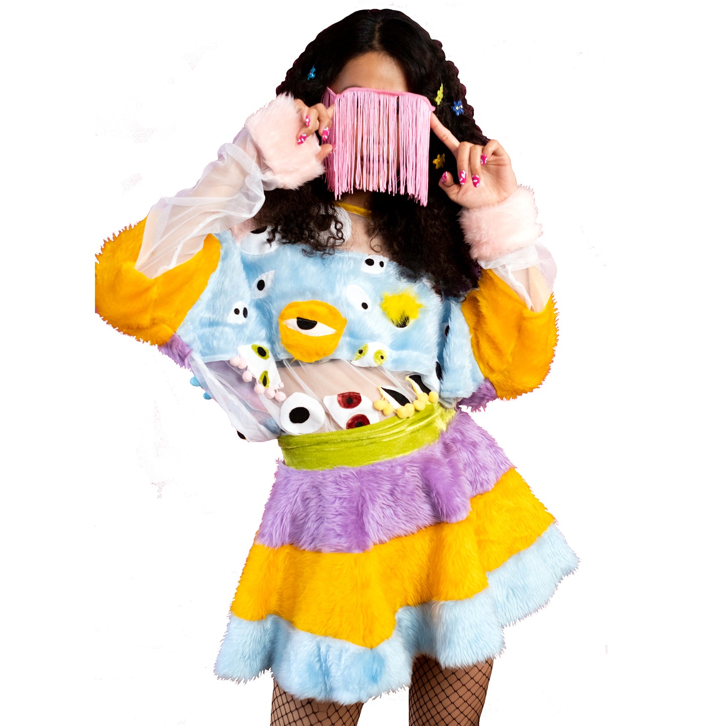 Trippy Fuzzy Eye Sweater on model with fringe sunglasses