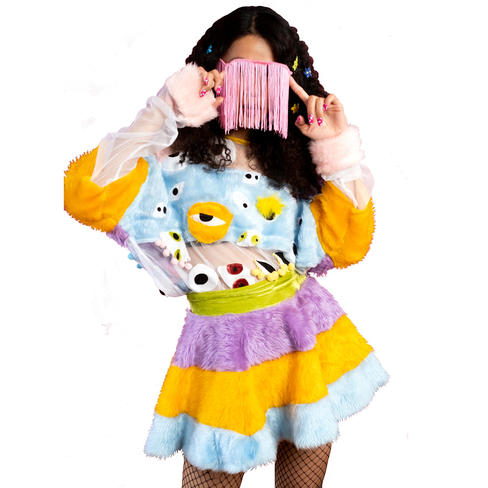 Trippy Fuzzy Eye Sweater on model with fringe sunglasses