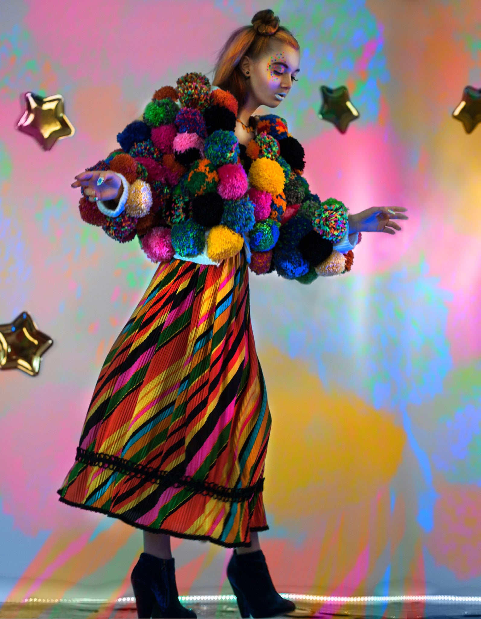 Pom Pom Jacket trippy hippy upcycle jacket on model