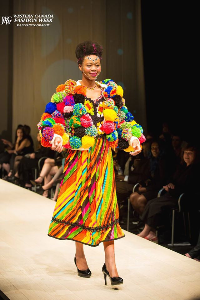 Pom Pom Jacket trippy hippy rainbow full length runway