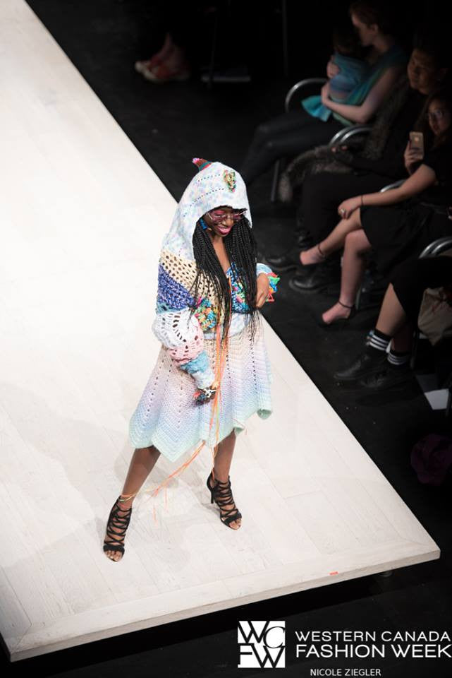 Dinosaur Sweater Dress Trippy Hippy Couture Crochet Full Length on Runway