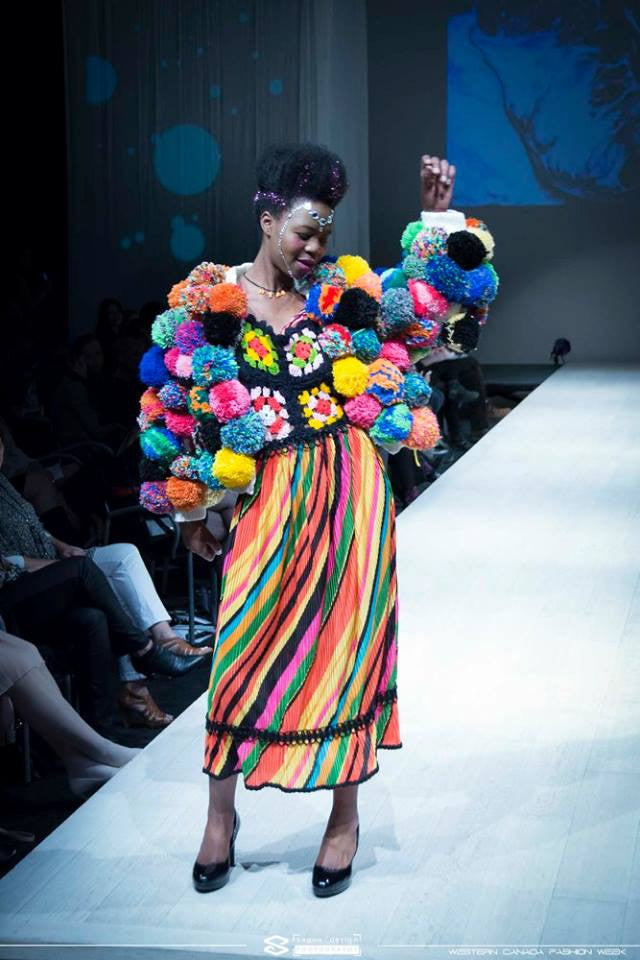 Pom Pom Jacket trippy hippy rainbow full length front view runway